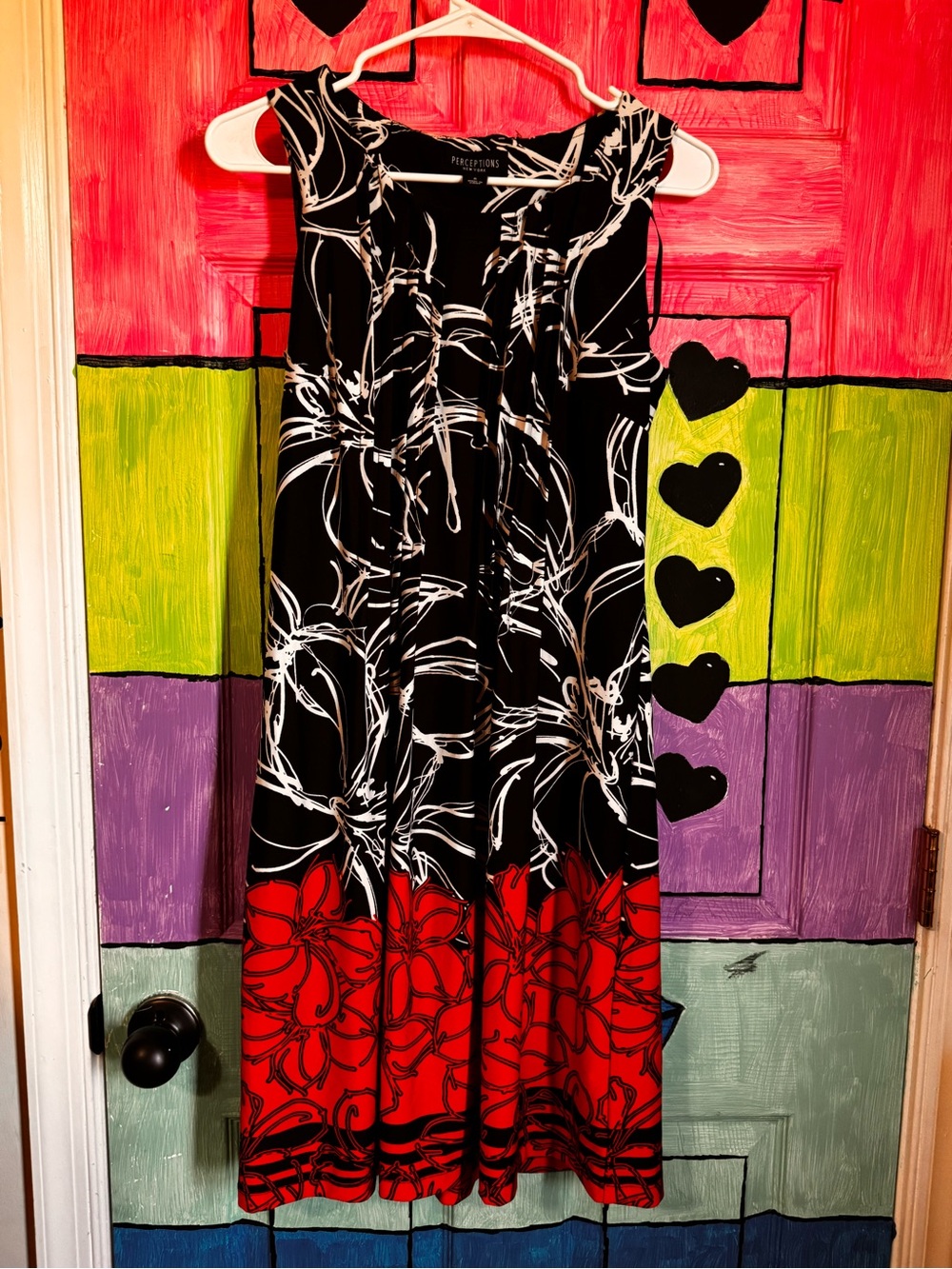 Perceptions Black and White Abstract Print Sleeveless Dress with Red Accent